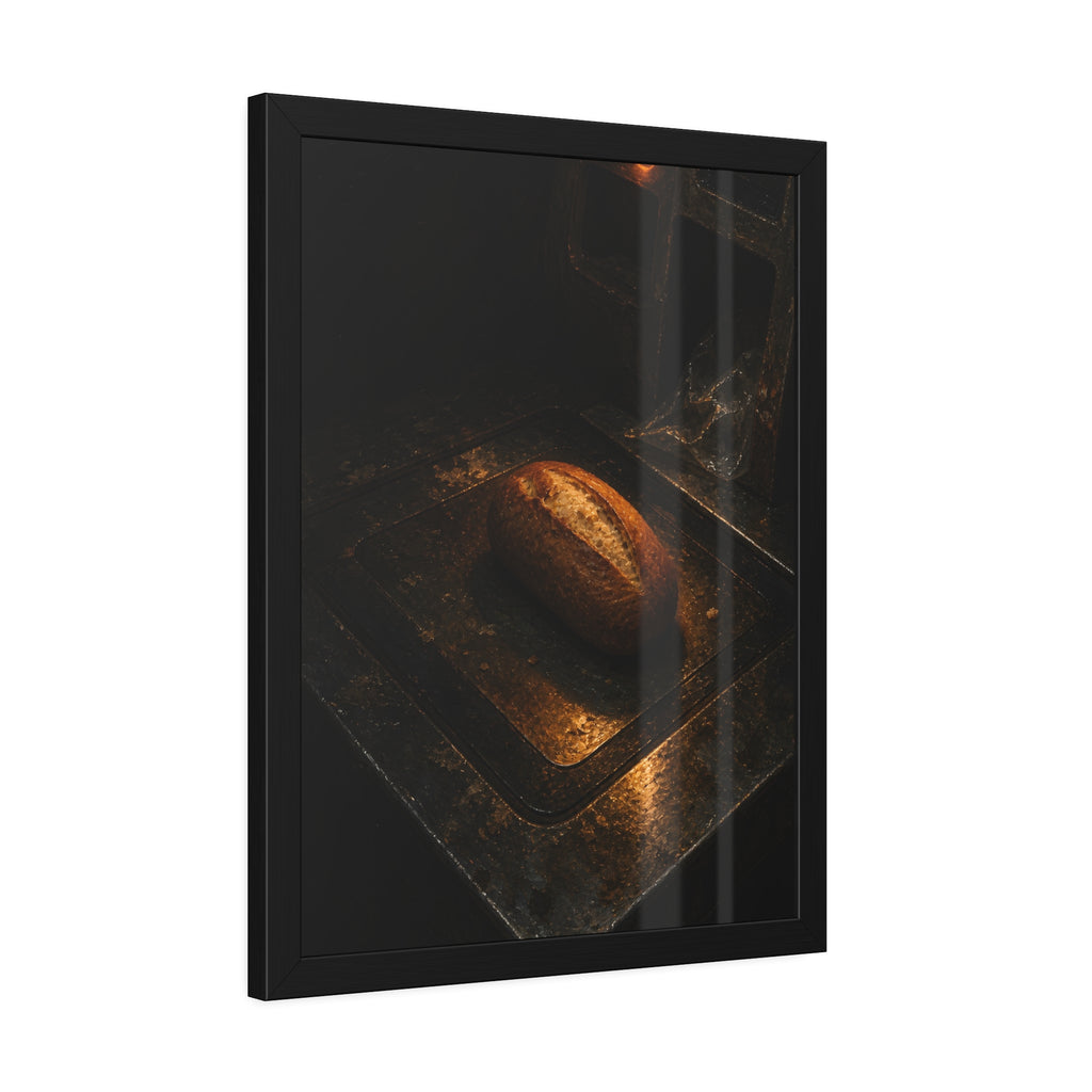 A loaf of bread alone on a dark self checkout weighing plate. The Witness at the Scale by Garabaggio, framed fine art print hanging in a room.