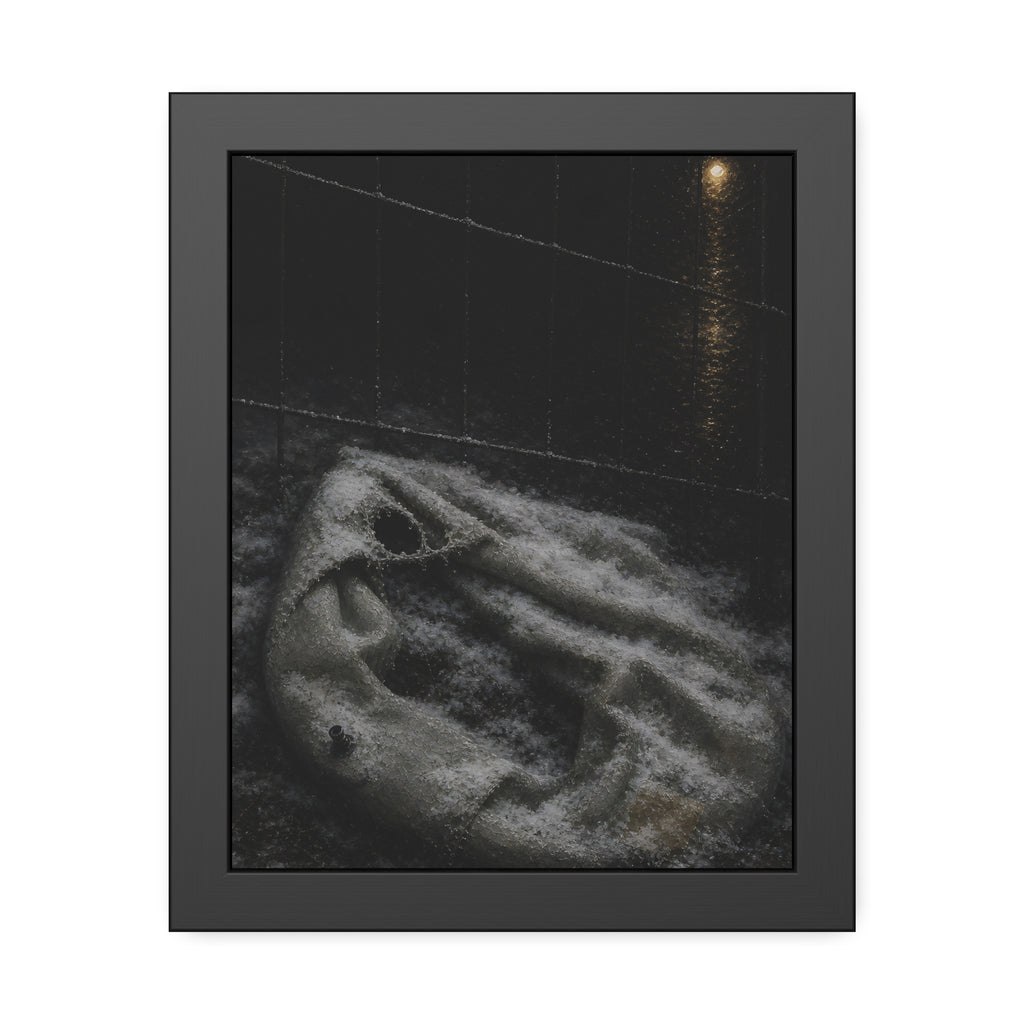 A deflated pool float under snow beside a chain link fence at night. The Bleaching Under Snow by Garabaggio, framed fine art print, 11″ x 14″.
