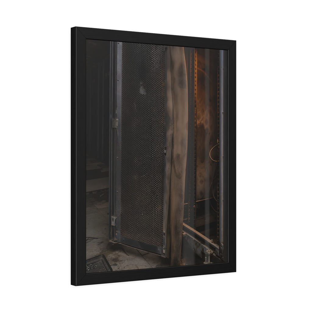 An open server rack cabinet with a mesh door and warm glow inside. The Heat Behind the Doors by Garabaggio, framed fine art print hanging in a room.
