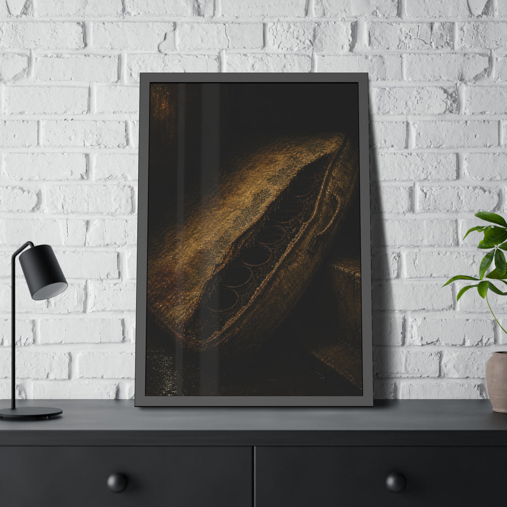 A torn mattress propped on its side, coil springs showing through the split. The Showing of the Springs by Garabaggio, framed fine art print hanging in a room.