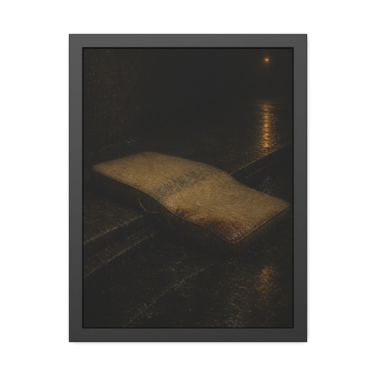 A sodden mattress slumped off a curb on wet pavement under a street lamp. The Collapse into the Gutter by Garabaggio, framed fine art print, 18″ x 24″.