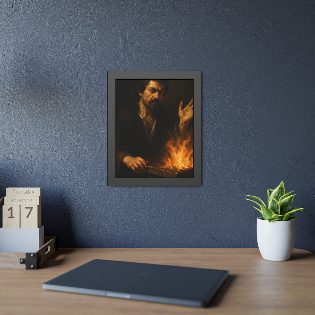 Man holding one hand high over the flames of an open burning bin. Self-Portrait Commanding the Light by Garabaggio, framed fine art print hanging in a room.