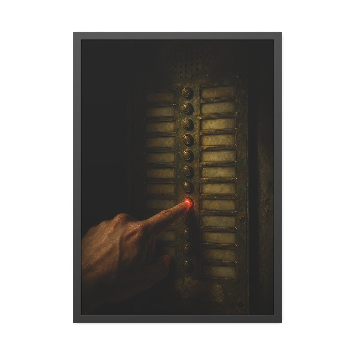 A hand pressing one glowing red button on a worn intercom panel. The Finger at Midnight by Garabaggio, framed fine art print, 28″ x 40″.