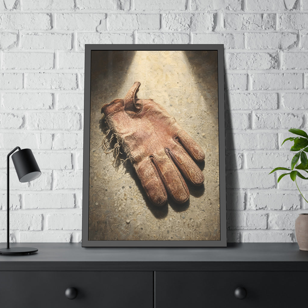 A cracked leather work glove lying on bright sunlit concrete. The Bleaching, Study of a Sun-Tired Glove by Garabaggio, framed fine art print hanging in a room.