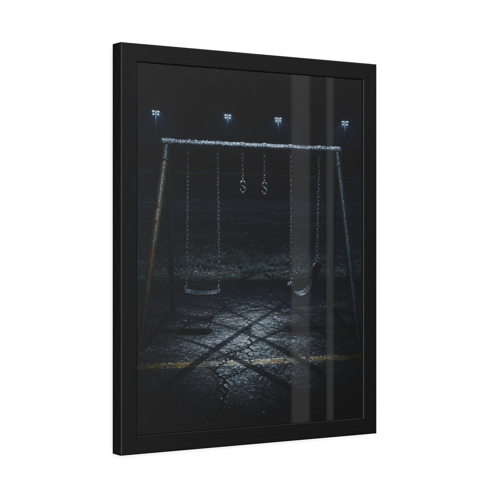 An empty swing set with frost on its crossbar under floodlights. Midnight: The Frost on the Crossbar by Garabaggio, framed fine art print hanging in a room.