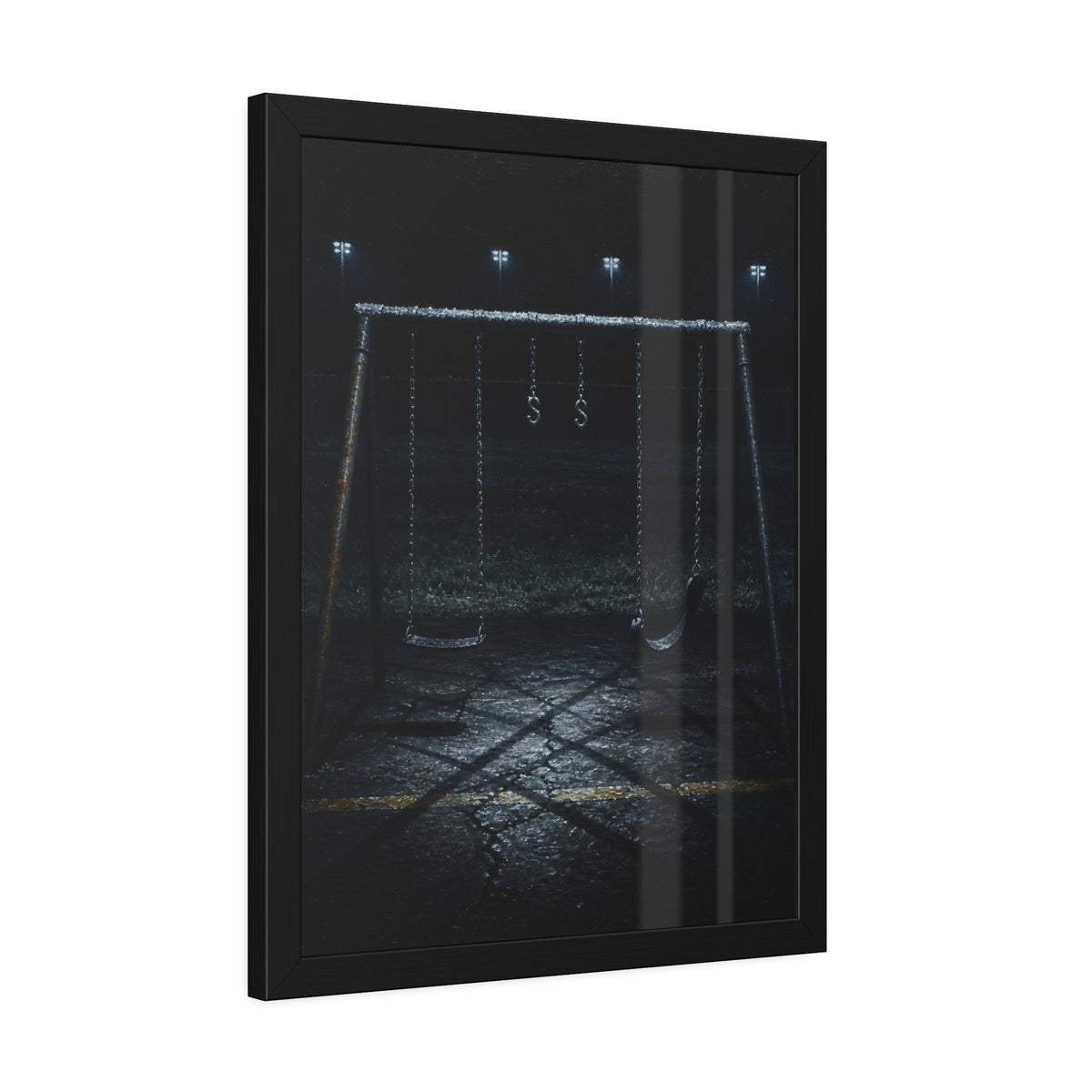 An empty swing set with frost on its crossbar under floodlights. Midnight: The Frost on the Crossbar by Garabaggio, framed fine art print hanging in a room.