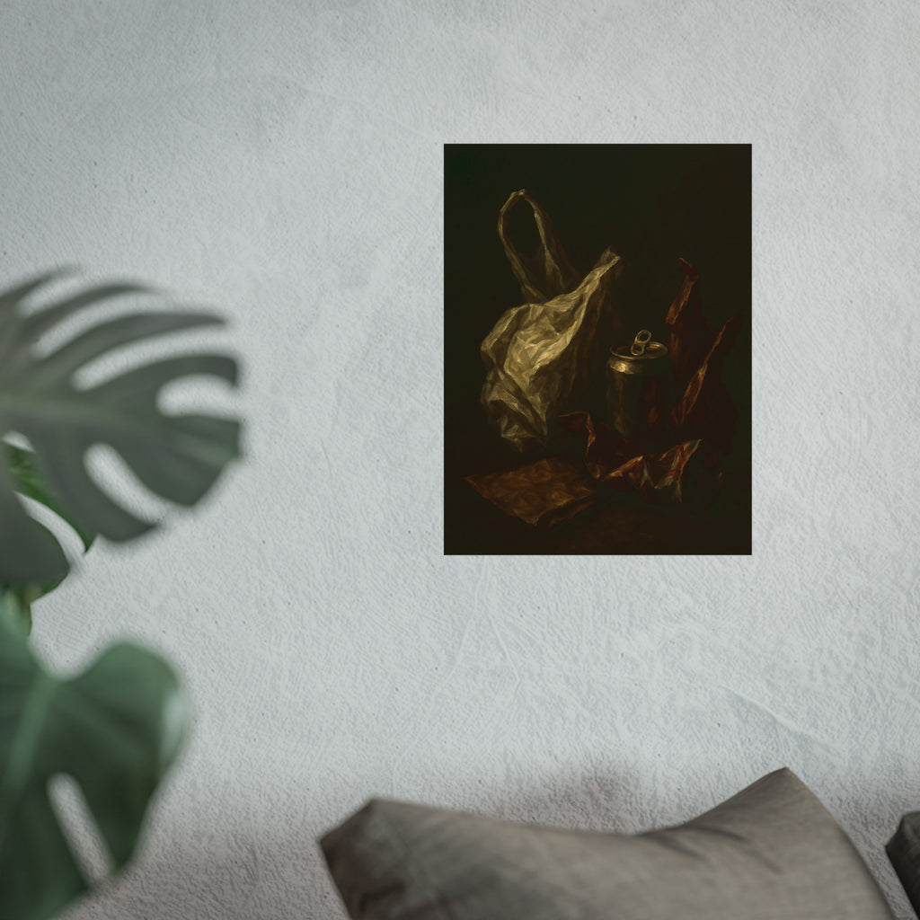 A crumpled plastic bag, crushed can and foil wrappers on a dark table. The Pietà of the Deflated by Garabaggio, fine art print hanging in a room.