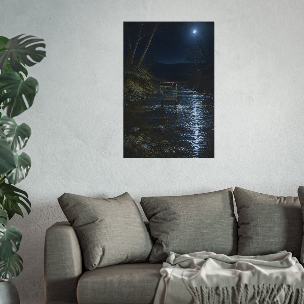 A shopping cart standing in a moonlit creek between dark trees. The Fording of the Creek by Garabaggio, fine art print hanging in a room.