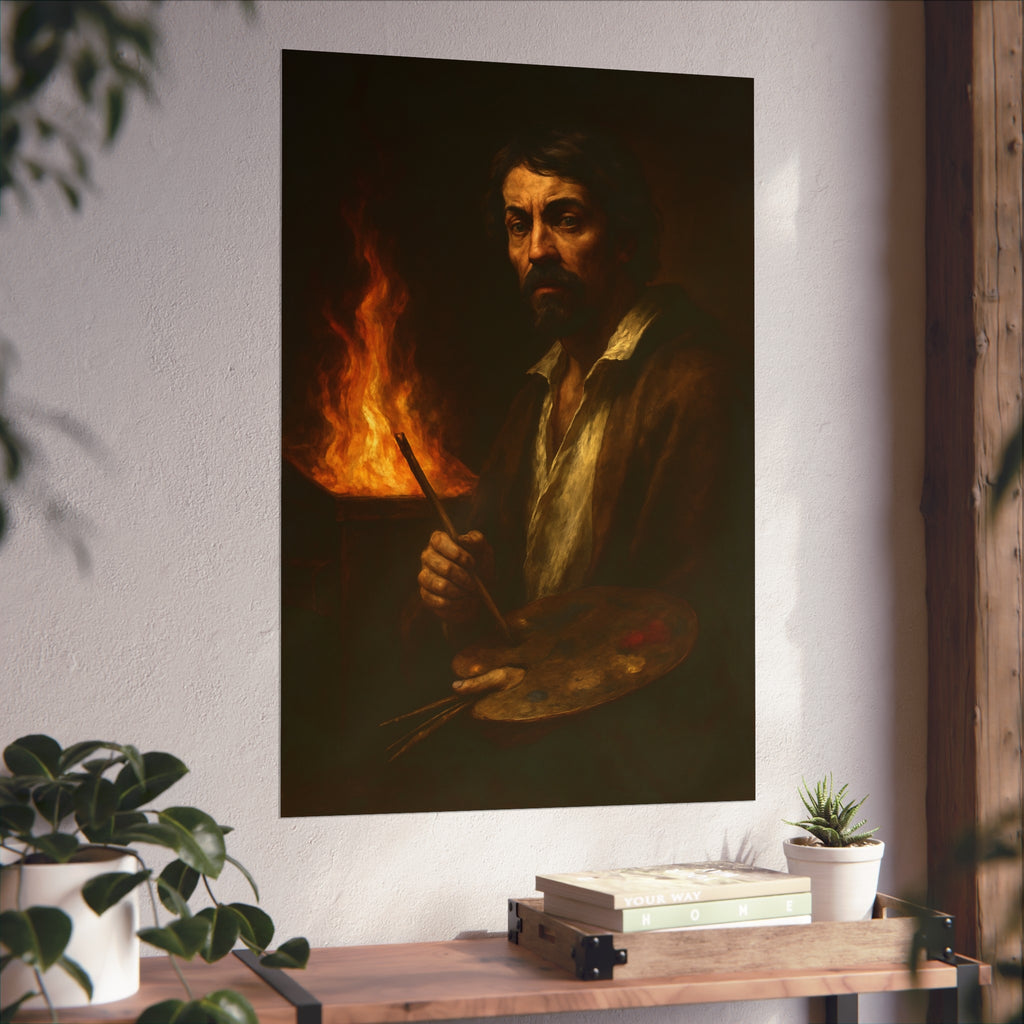 Man holding a palette and brushes, a fire behind him. Self-Portrait with Palette (After Caravaggio) by Garabaggio, fine art print hanging in a room.
