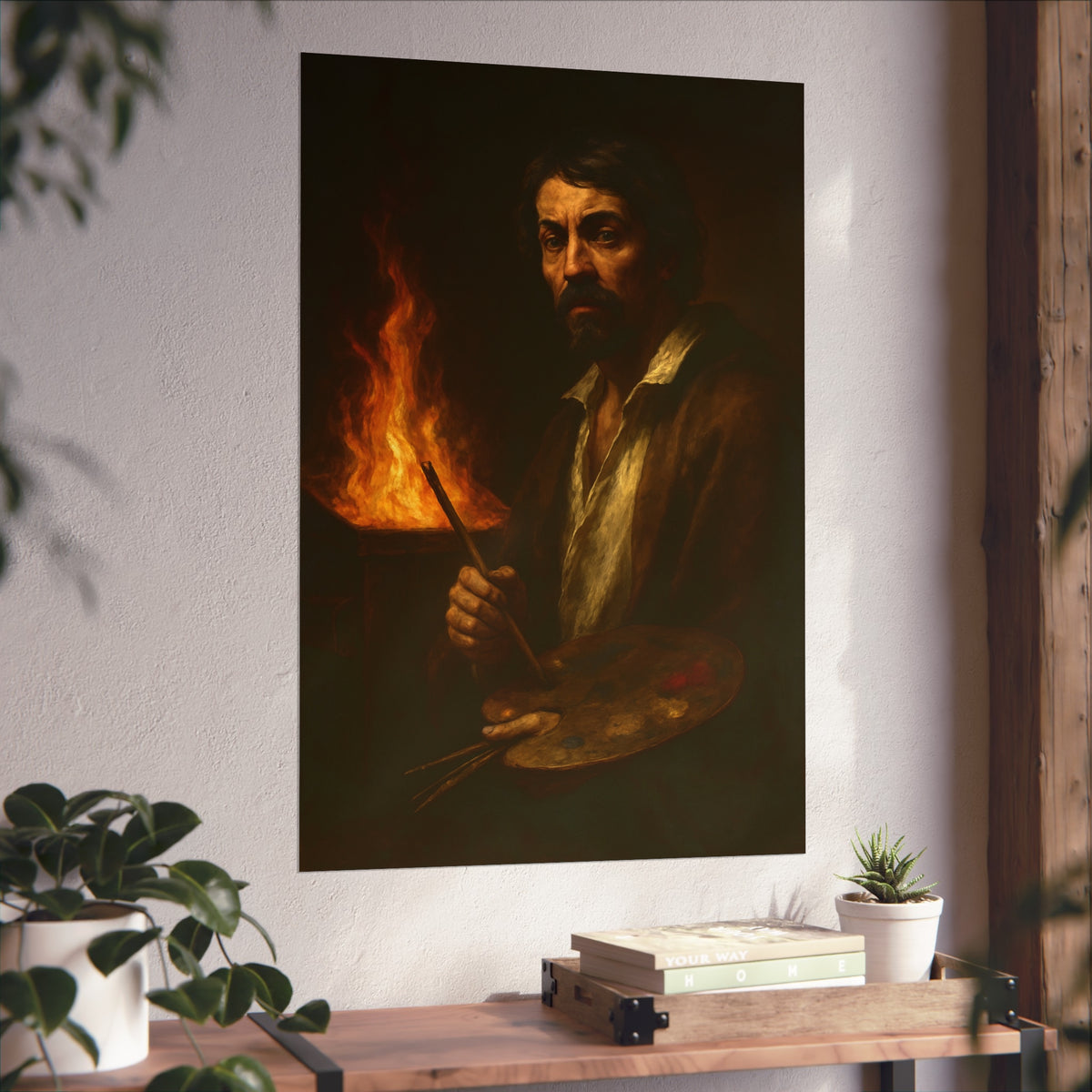 Man holding a palette and brushes, a fire behind him. Self-Portrait with Palette (After Caravaggio) by Garabaggio, fine art print hanging in a room.
