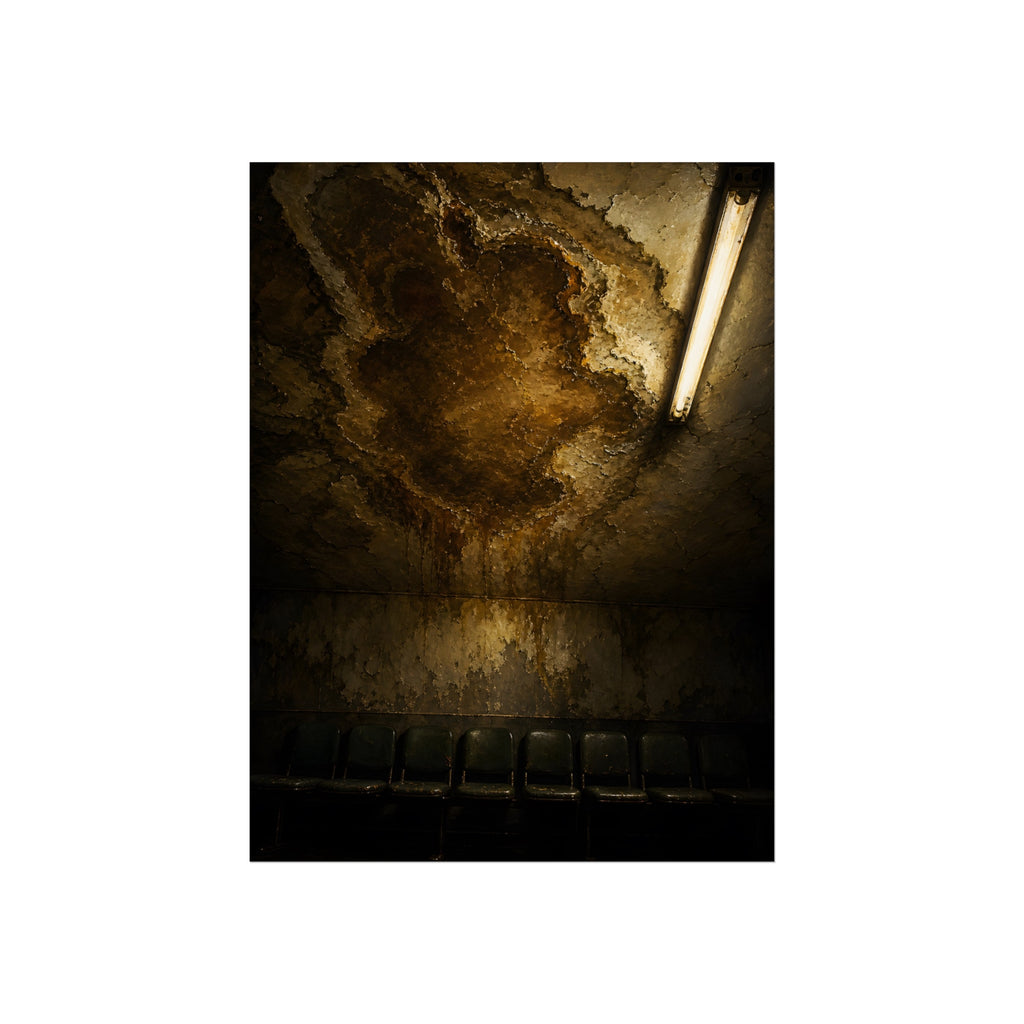 A brown water stain spreading across a ceiling above a row of chairs. The Stain Above the Row by Garabaggio, fine art print, 12″ x 16″.