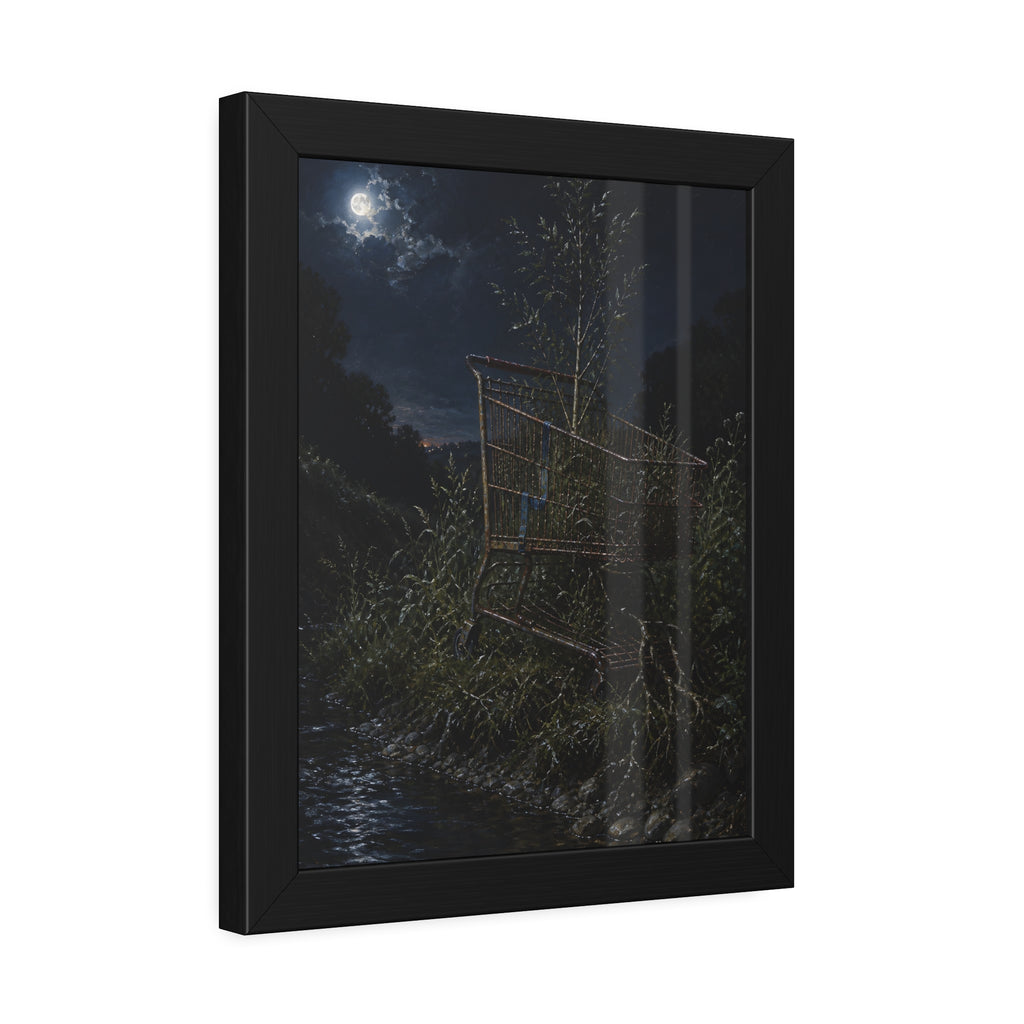 A shopping cart in creekside weeds with a sapling growing up through it. The Cart Grown Through by Garabaggio, framed fine art print hanging in a room.