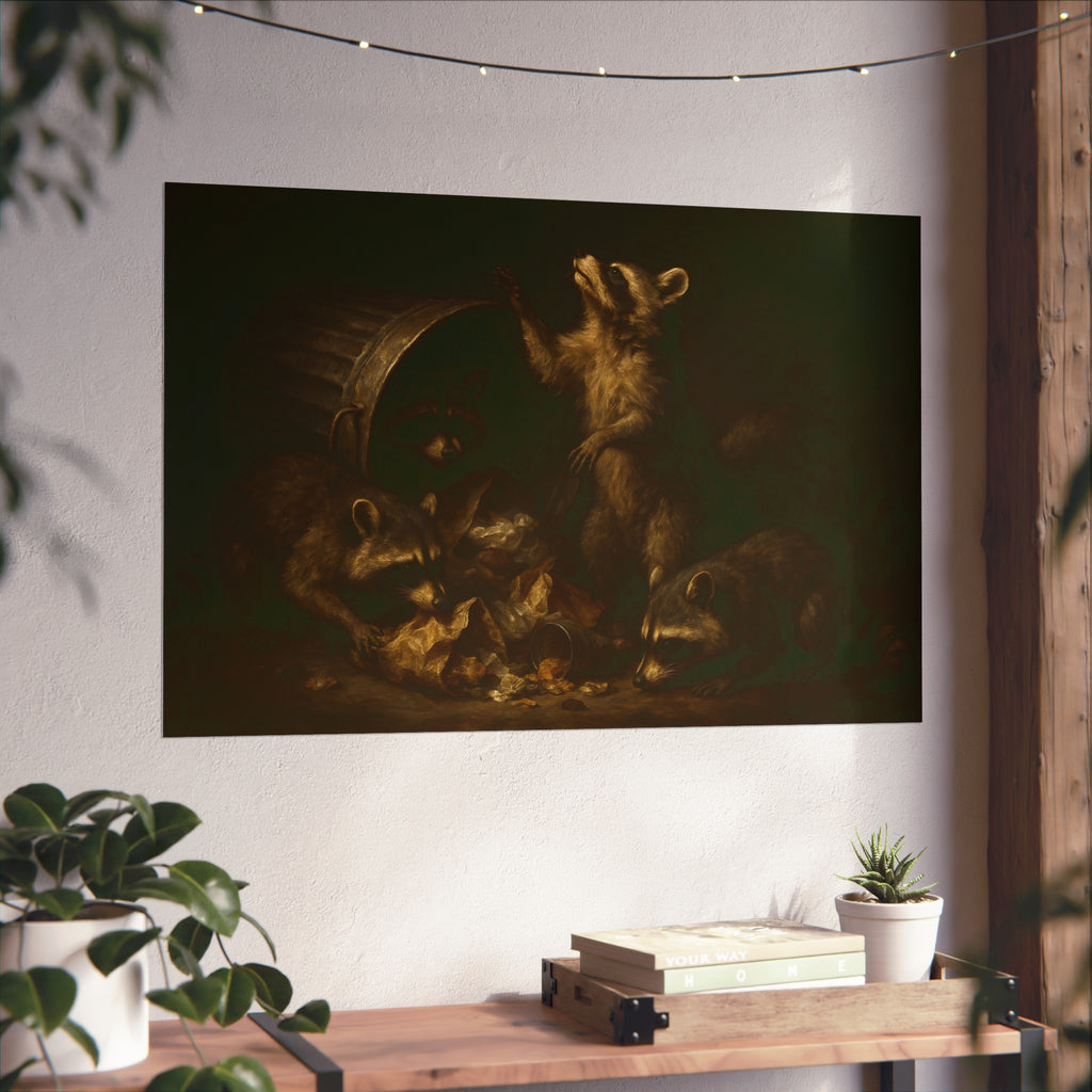 Raccoons around a fallen trash can, one rearing up with a raised paw. The Supper of Shadows by Garabaggio, fine art print hanging in a room.