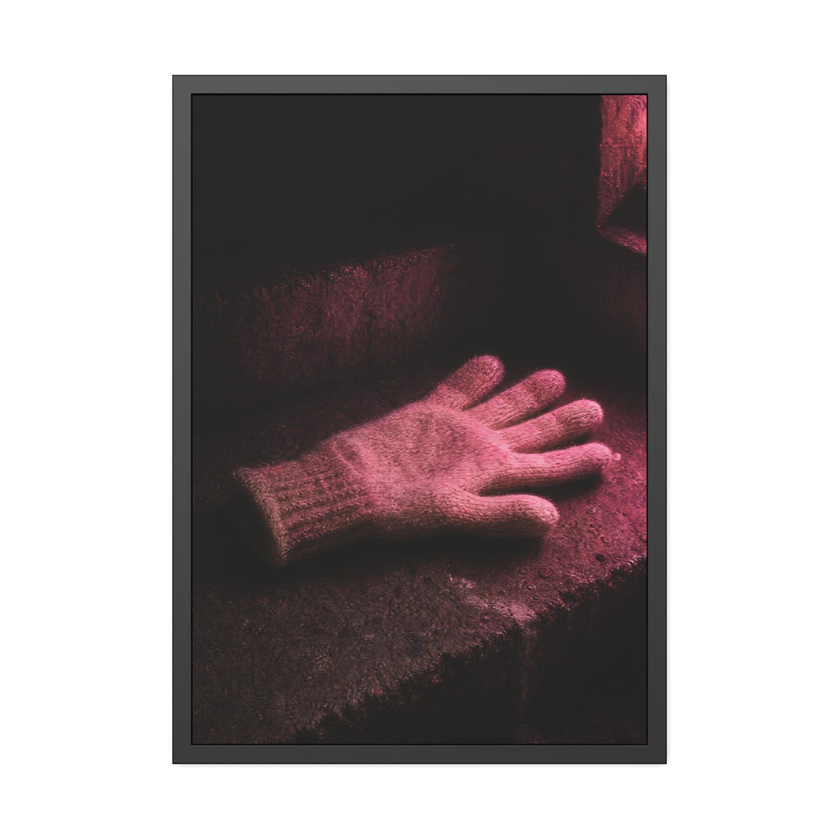 A knitted glove lying flat on a concrete step under pink light. The Vigil in Pink Light by Garabaggio, framed fine art print hanging in a room.