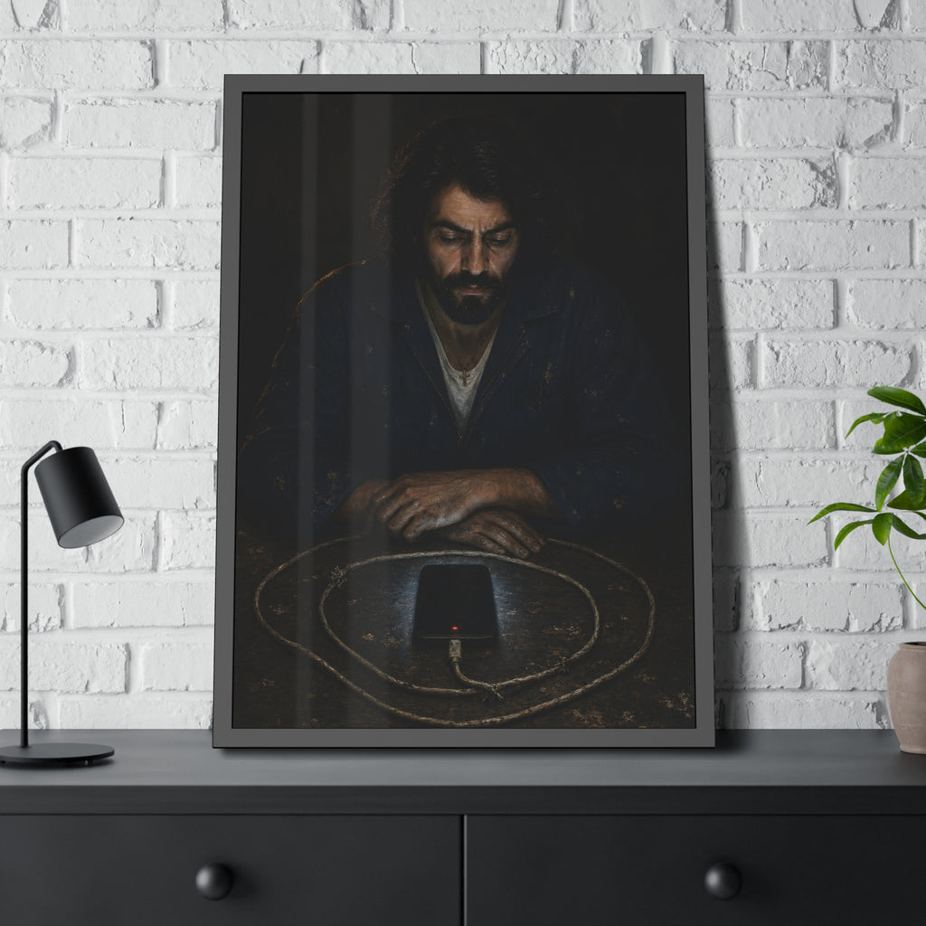 A bearded man at a table watching a phone charging inside a coiled cable. The Vigil of the Charging Cord by Garabaggio, framed fine art print hanging in a room.
