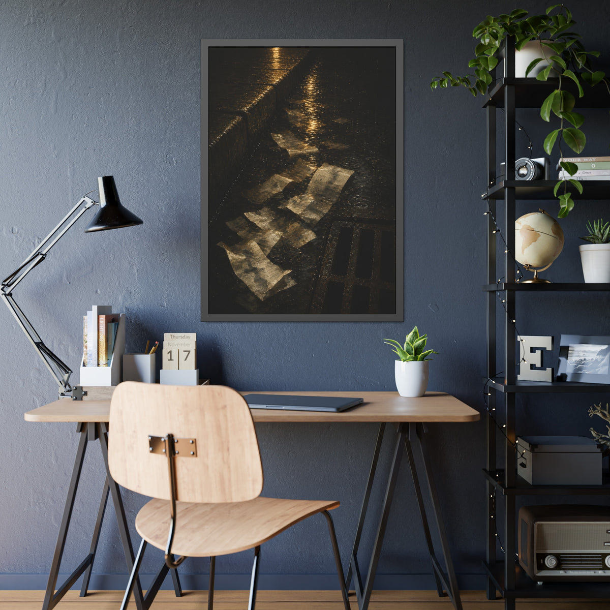 Wet receipts scattered in a gutter beside a storm drain in the rain. The Audit in Rain by Garabaggio, framed fine art print hanging in a room.