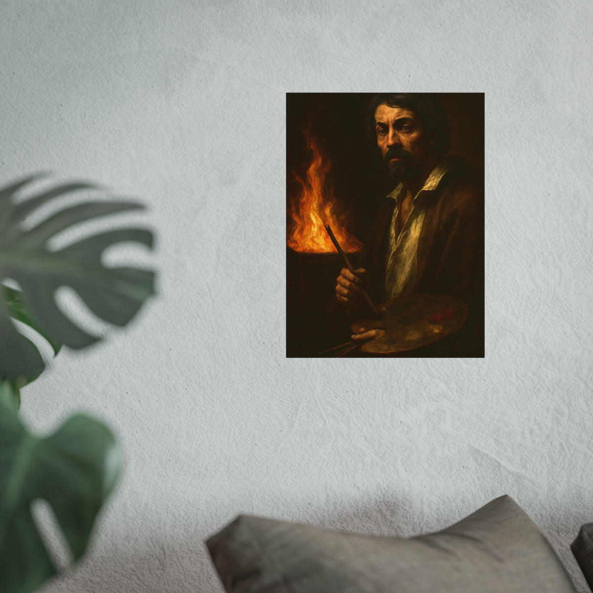 Man holding a palette and brushes, a fire behind him. Self-Portrait with Palette (After Caravaggio) by Garabaggio, fine art print hanging in a room.