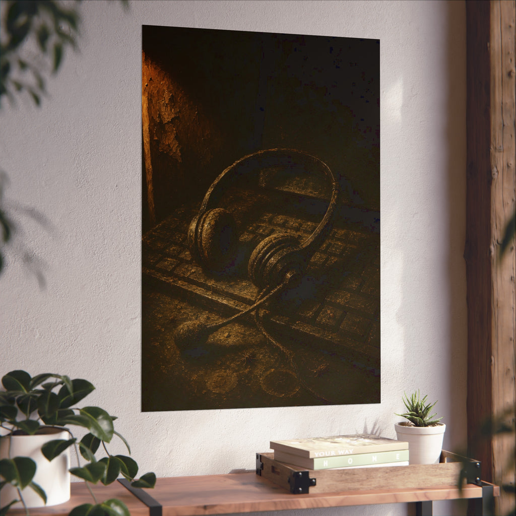 Dust covered headset resting on an old keyboard in brown light. Cubicles Under Dust by Garabaggio, fine art print hanging in a room.