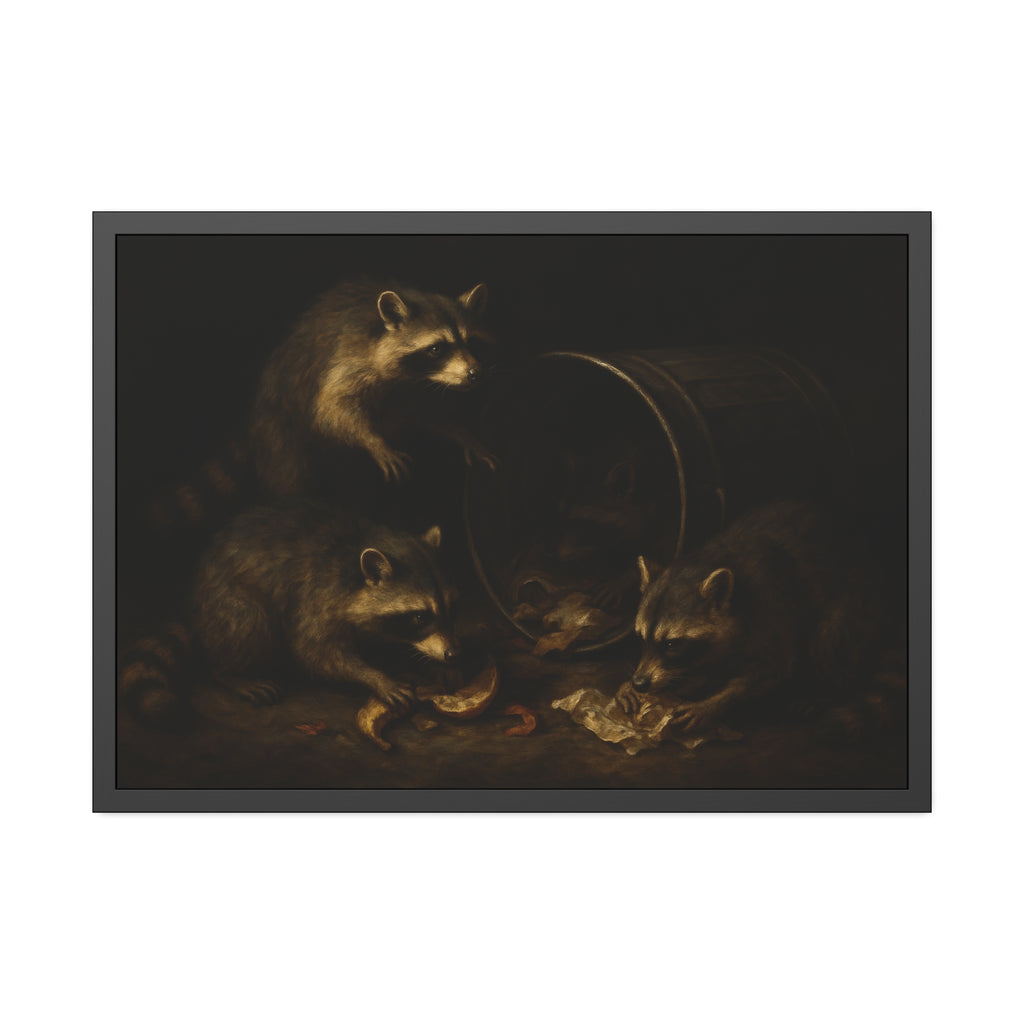 Raccoons at a tipped metal pail, one gnawing a melon rind in the dark. The Supper at the Alleyway by Garabaggio, framed fine art print hanging in a room.