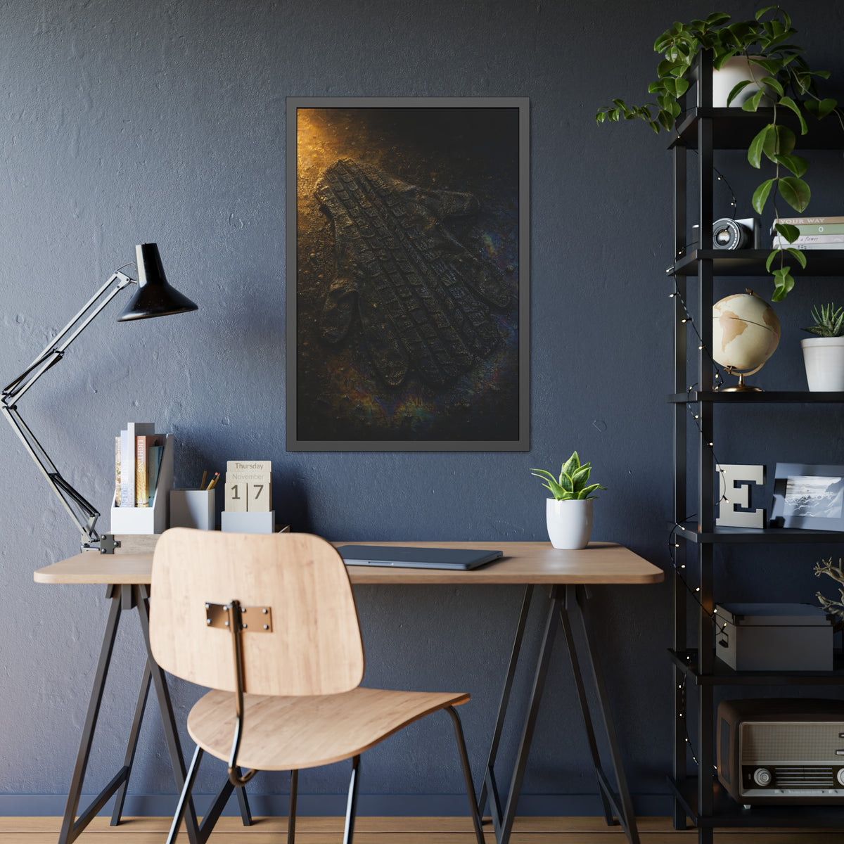 A flattened work glove on asphalt with a tire tread pressed across it. The Passage of the Wheel by Garabaggio, framed fine art print hanging in a room.