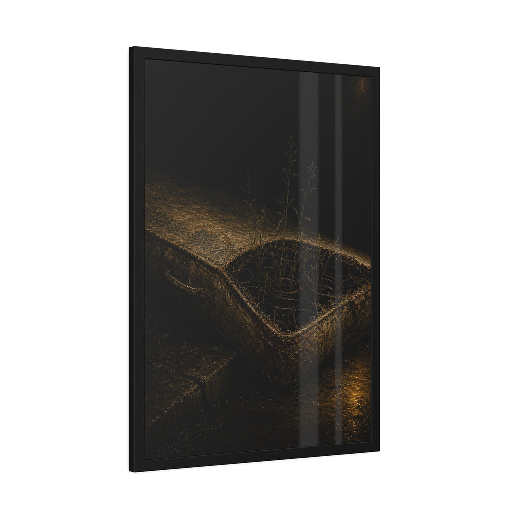 Weeds growing through a torn mattress left at a wet curb at night. The Rooting of Weeds by Garabaggio, framed fine art print hanging in a room.