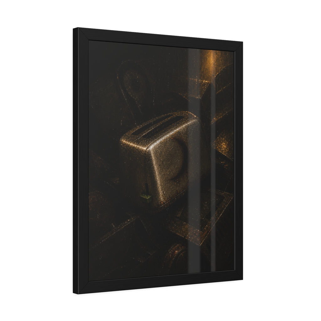 A scorched toaster resting on a heap of scrap appliances in dim light. The Arrival at Scrap by Garabaggio, framed fine art print hanging in a room.