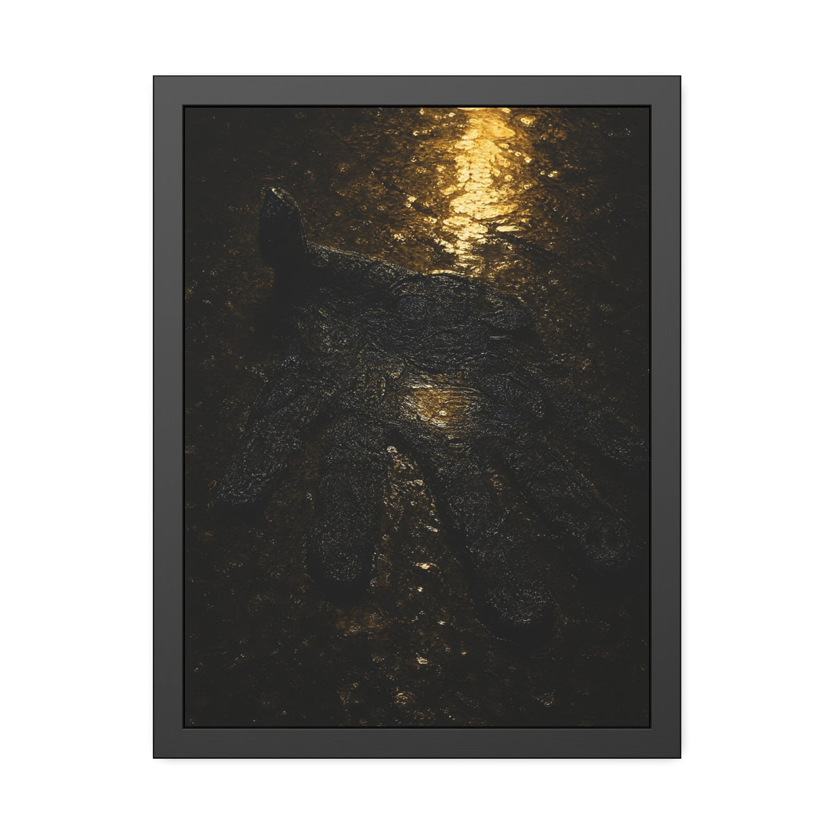 A flattened black glove pressed into wet asphalt beside a light streak. The Flattening, Study No. 1 by Garabaggio, framed fine art print hanging in a room.