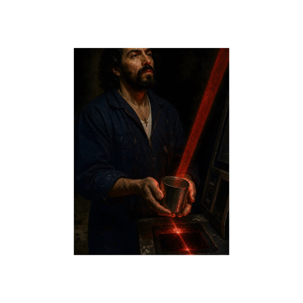 A man in blue coveralls holding a metal cup in a red scanner beam. The First Scan by Garabaggio, fine art print, 12″ x 16″.