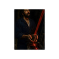 A man in blue coveralls holding a metal cup in a red scanner beam. The First Scan by Garabaggio, fine art print, 12″ x 16″.