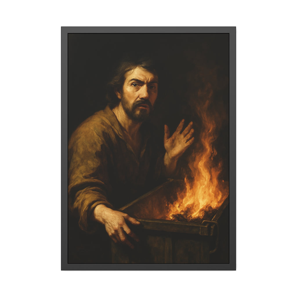 Man gripping the edge of a burning dumpster with one hand raised. Self-Portrait at 3:40 AM by Garabaggio, framed fine art print hanging in a room.