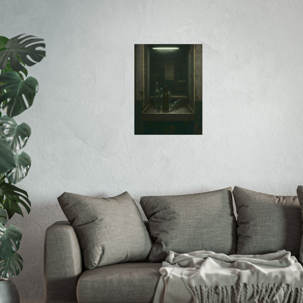 Empty glass bottles on a metal tray at a service window under a fluorescent tube. The Counting Window by Garabaggio, fine art print hanging in a room.