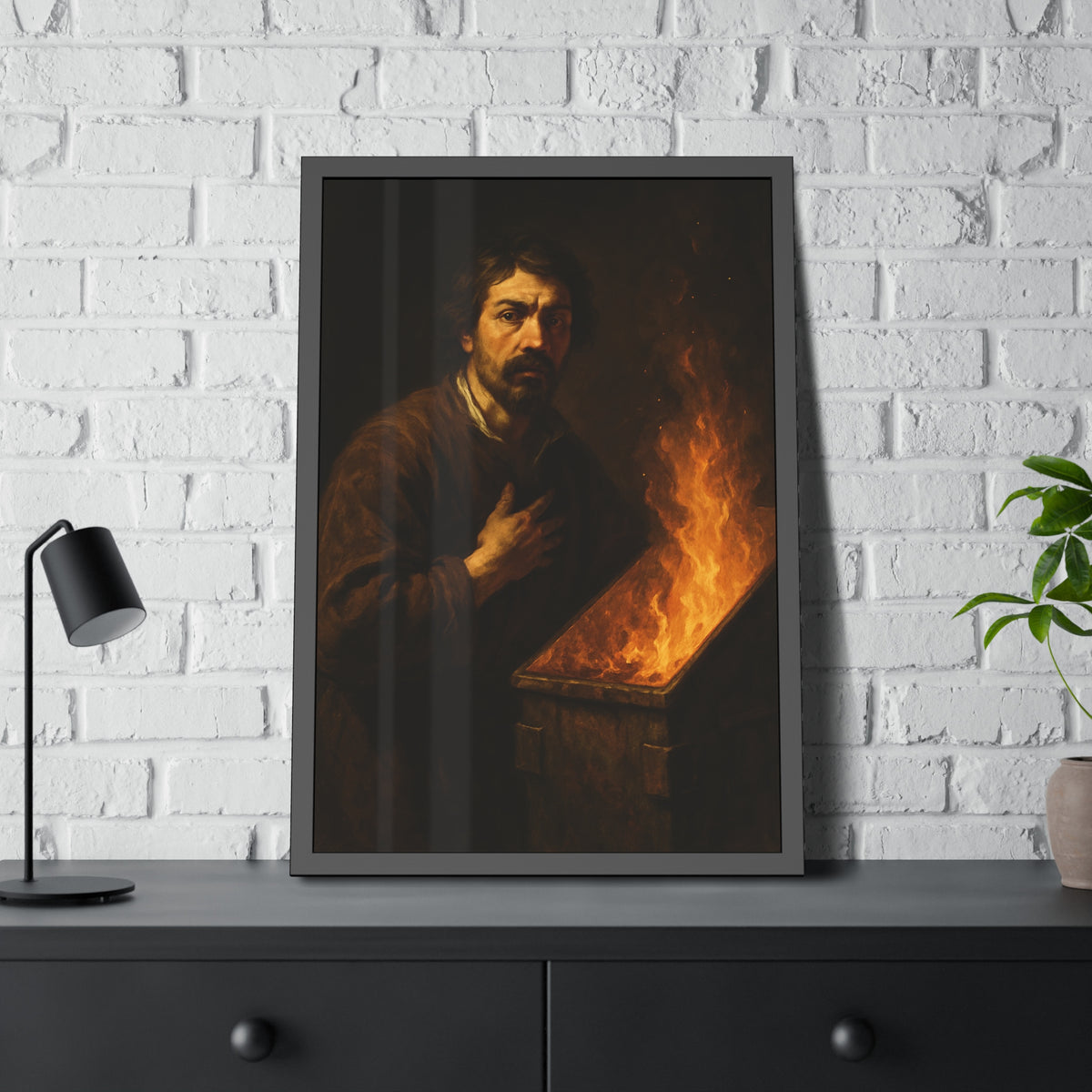 Man with a hand on his chest as flames run the length of a dumpster. Self-Portrait in the Final Hour by Garabaggio, framed fine art print hanging in a room.