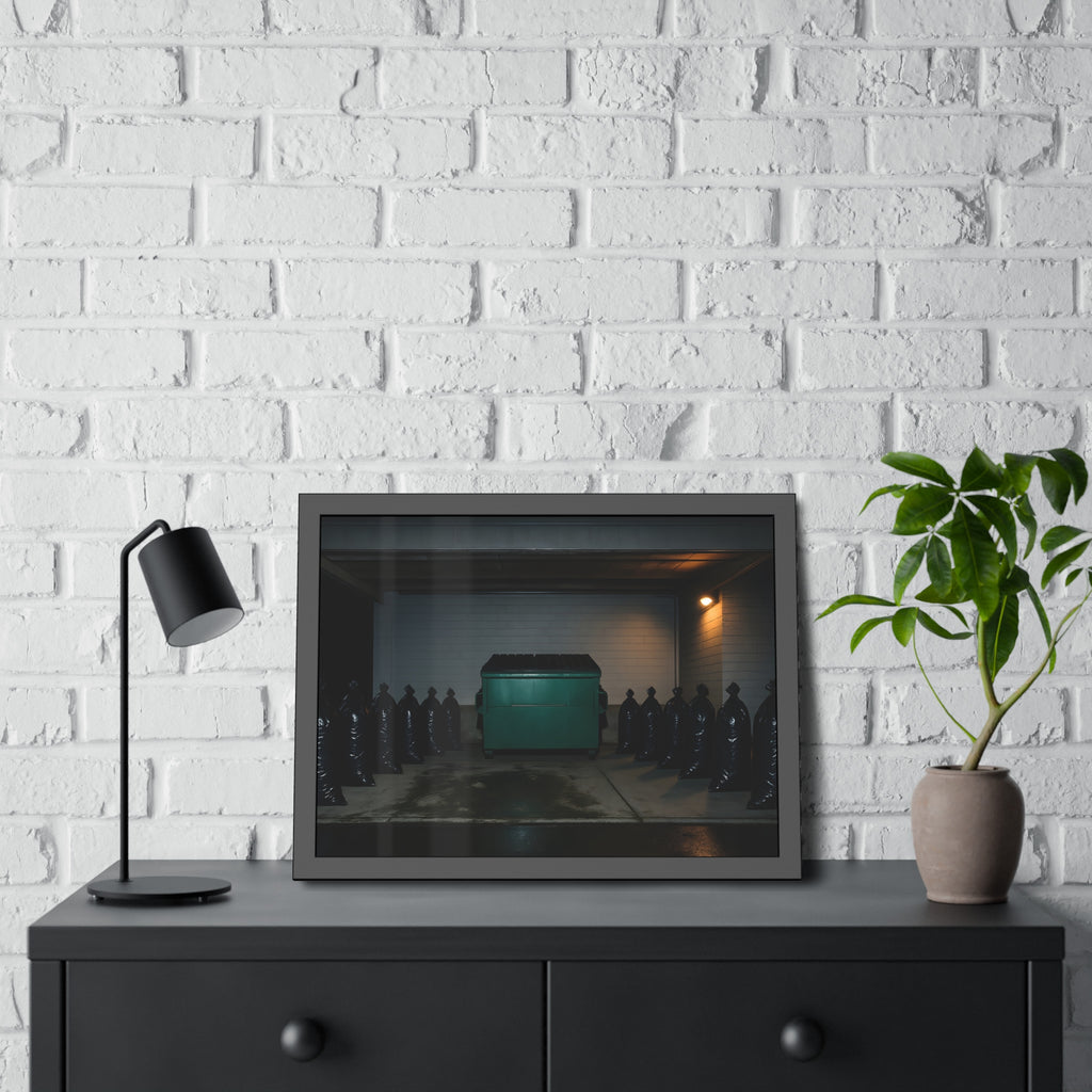 A green dumpster flanked by rows of black garbage bags under a lamp. Night Watch of the Loading Dock by Garabaggio, framed fine art print hanging in a room.