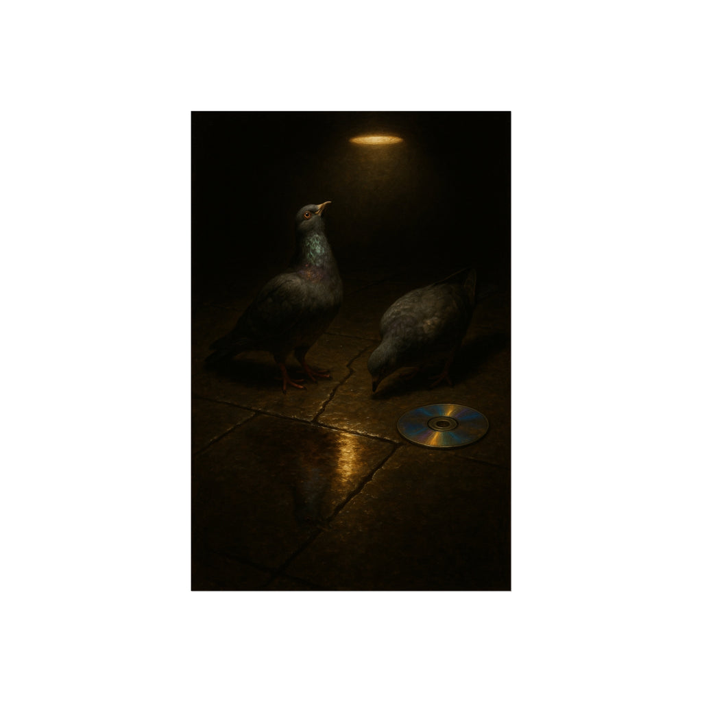 Two pigeons on wet paving stones beside a disc catching the lamplight. The Vigil on Wet Pavement by Garabaggio, fine art print hanging in a room.
