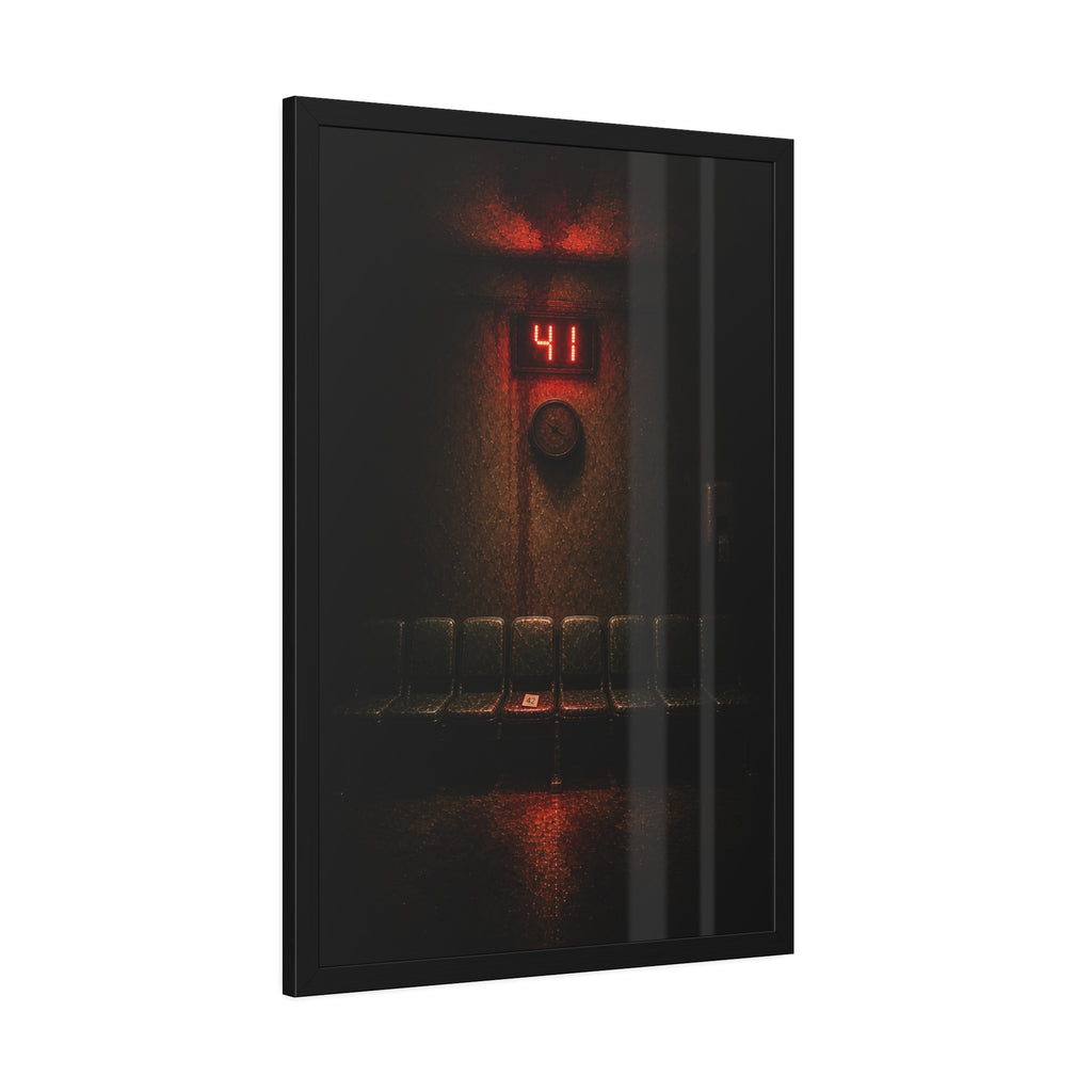An empty row of waiting room seats beneath a red display reading 41. The Call That Does Not Come by Garabaggio, framed fine art print hanging in a room.