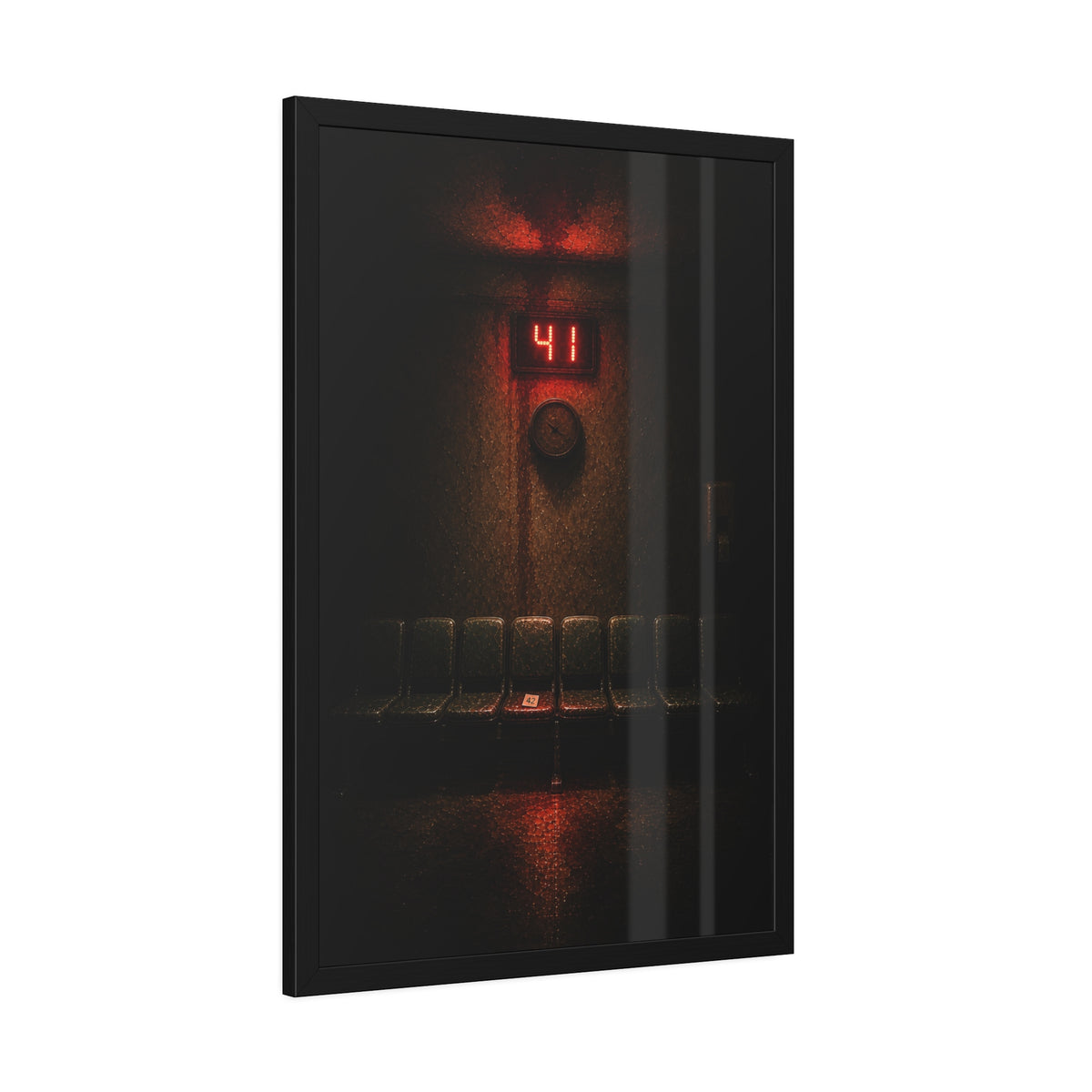 An empty row of waiting room seats beneath a red display reading 41. The Call That Does Not Come by Garabaggio, framed fine art print hanging in a room.