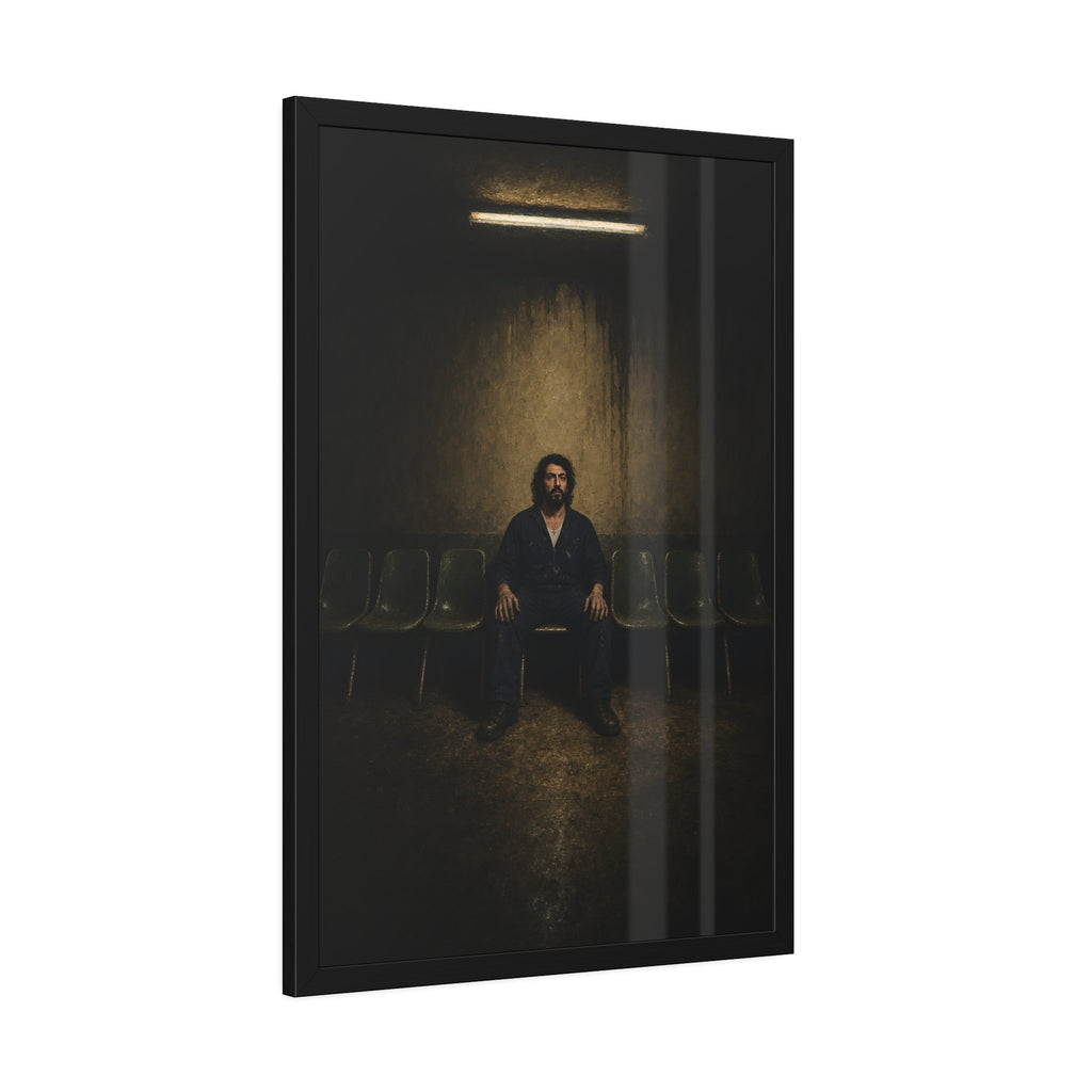 A man sits in the middle of a row of empty chairs under a wall light. Garabaggio Takes the Middle Chair by Garabaggio, framed fine art print hanging in a room.