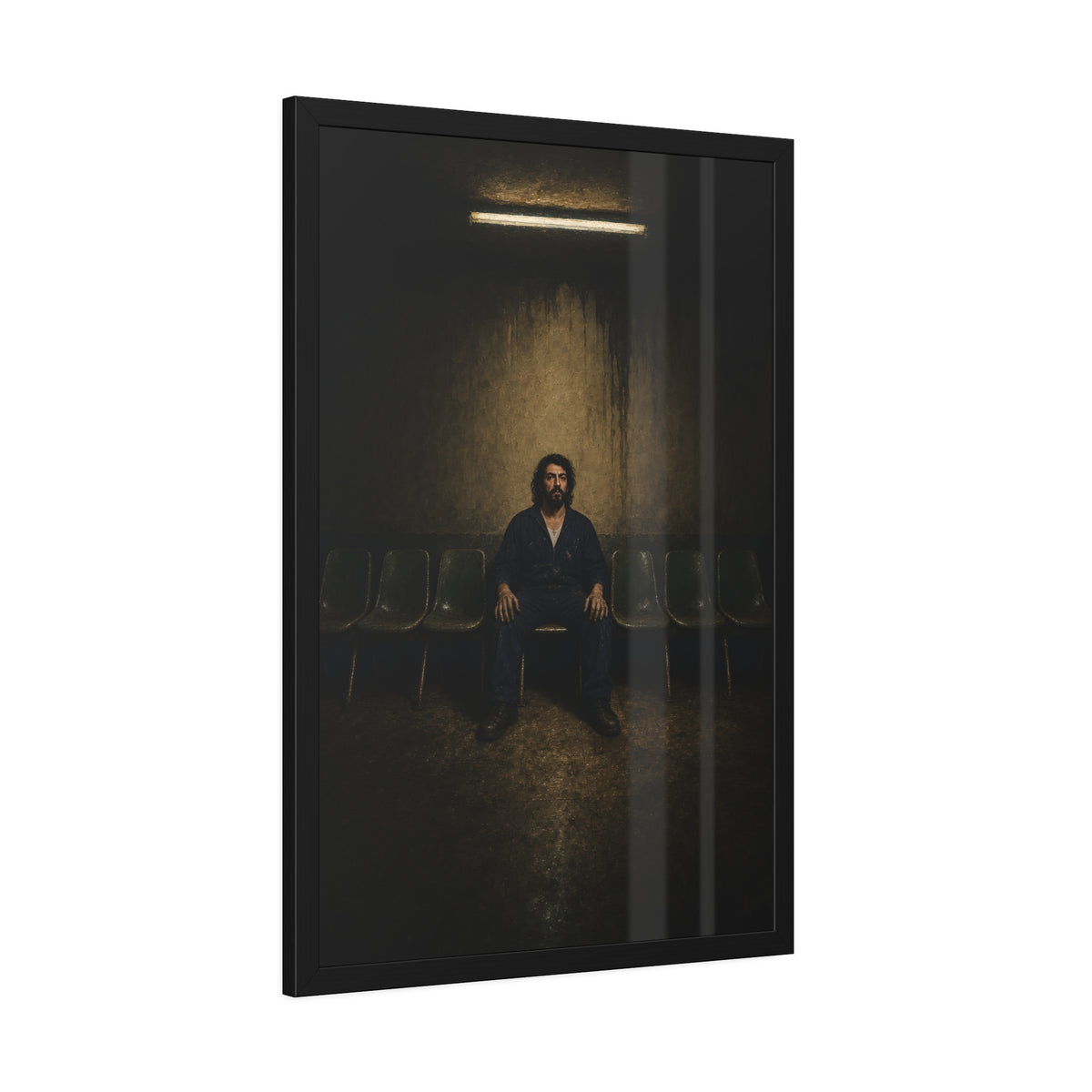 A man sits in the middle of a row of empty chairs under a wall light. Garabaggio Takes the Middle Chair by Garabaggio, framed fine art print hanging in a room.