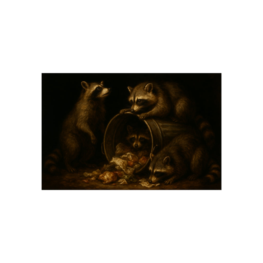 Four raccoons around a tipped metal trash can spilling food scraps. The Crowning with Crumbs by Garabaggio, fine art print hanging in a room.
