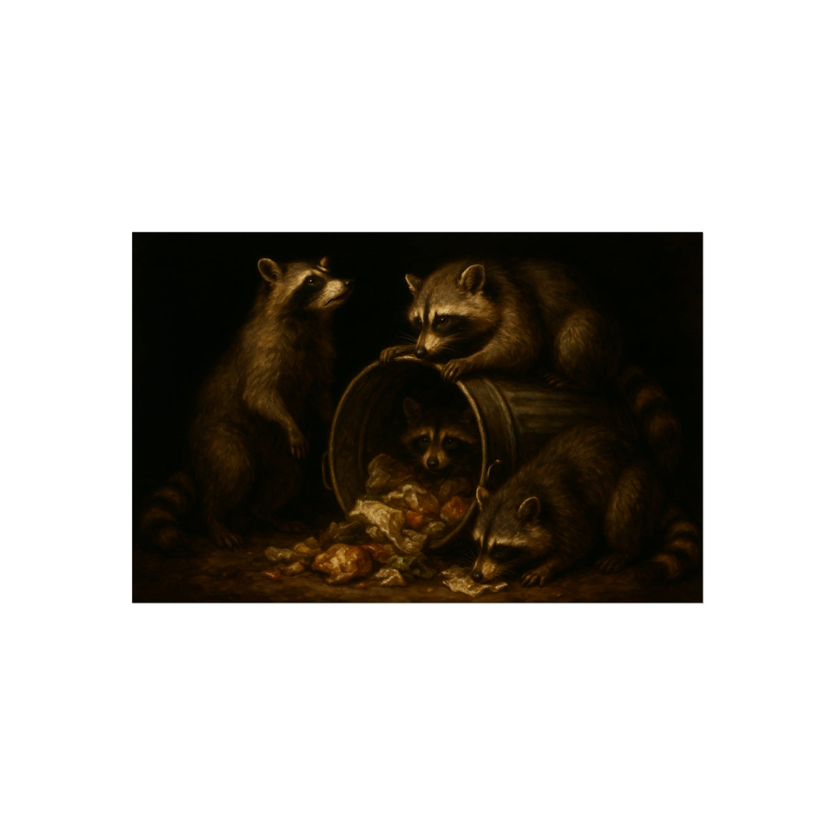 Four raccoons around a tipped metal trash can spilling food scraps. The Crowning with Crumbs by Garabaggio, fine art print hanging in a room.