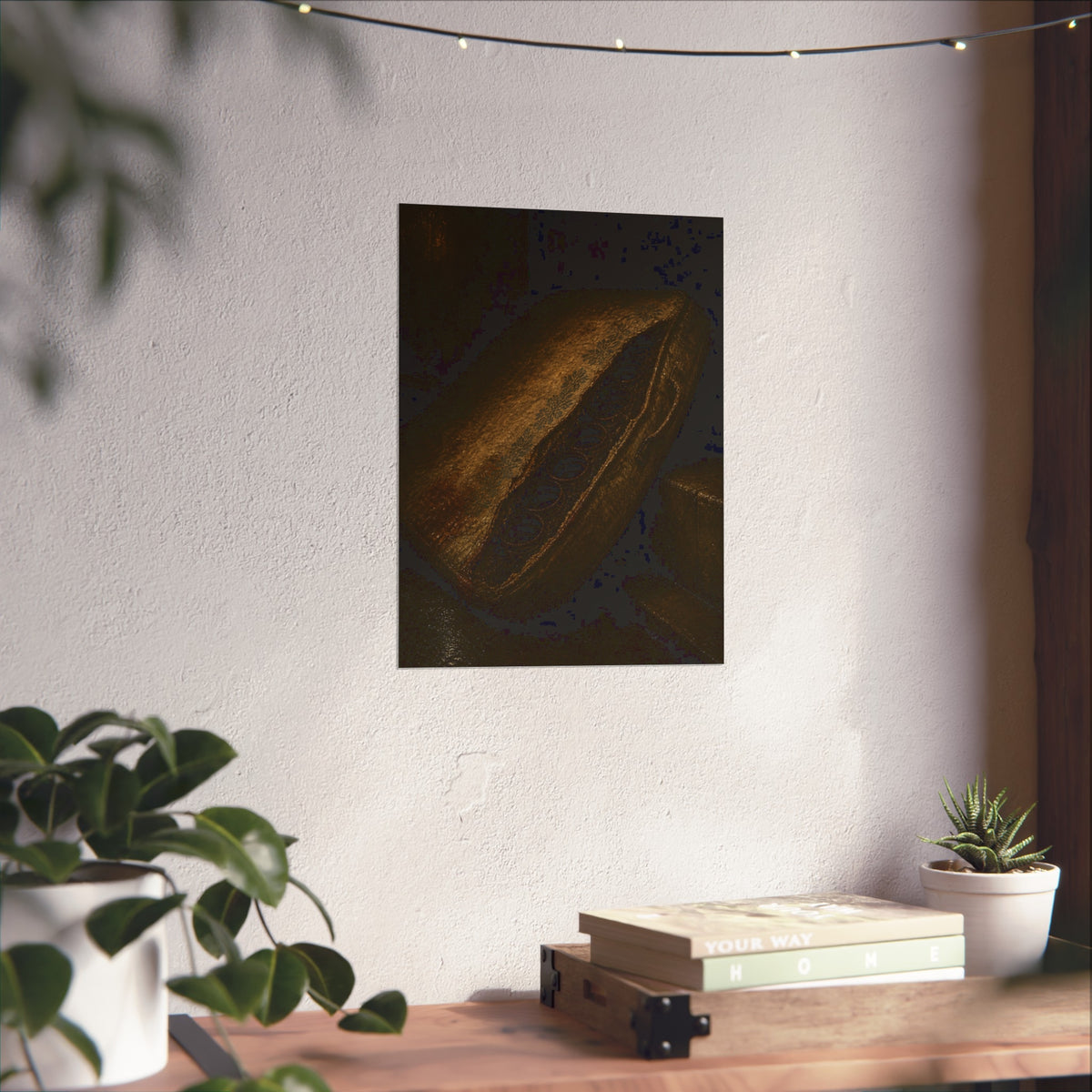 A torn mattress propped on its side, coil springs showing through the split. The Showing of the Springs by Garabaggio, fine art print hanging in a room.
