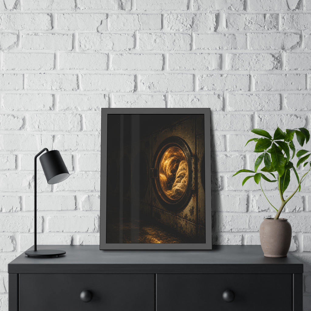 A row of dryers with one drum lit and tumbling in a dark laundromat. The Last Dryer Turning by Garabaggio, framed fine art print hanging in a room.