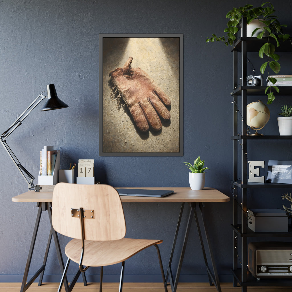 A cracked leather work glove lying on bright sunlit concrete. The Bleaching, Study of a Sun-Tired Glove by Garabaggio, framed fine art print hanging in a room.