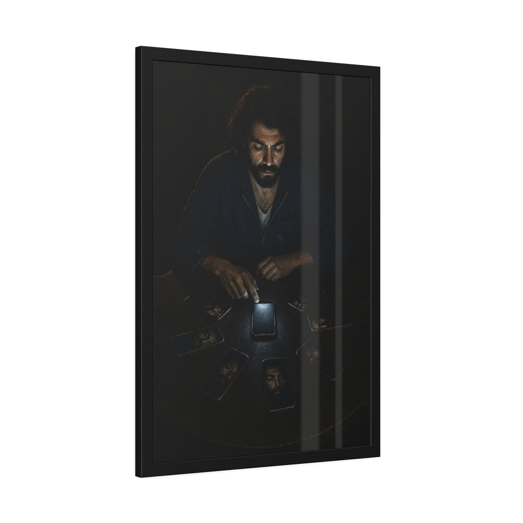 A bearded man at a dark table ringed by phones, one lit screen under his hand. The Congregation of Faces by Garabaggio, framed fine art print hanging in a room.