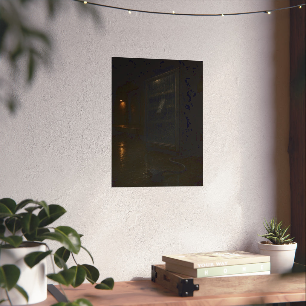 A vending machine in the rain, its cord and plug trailing across wet pavement. The Weathering Outside by Garabaggio, fine art print hanging in a room.