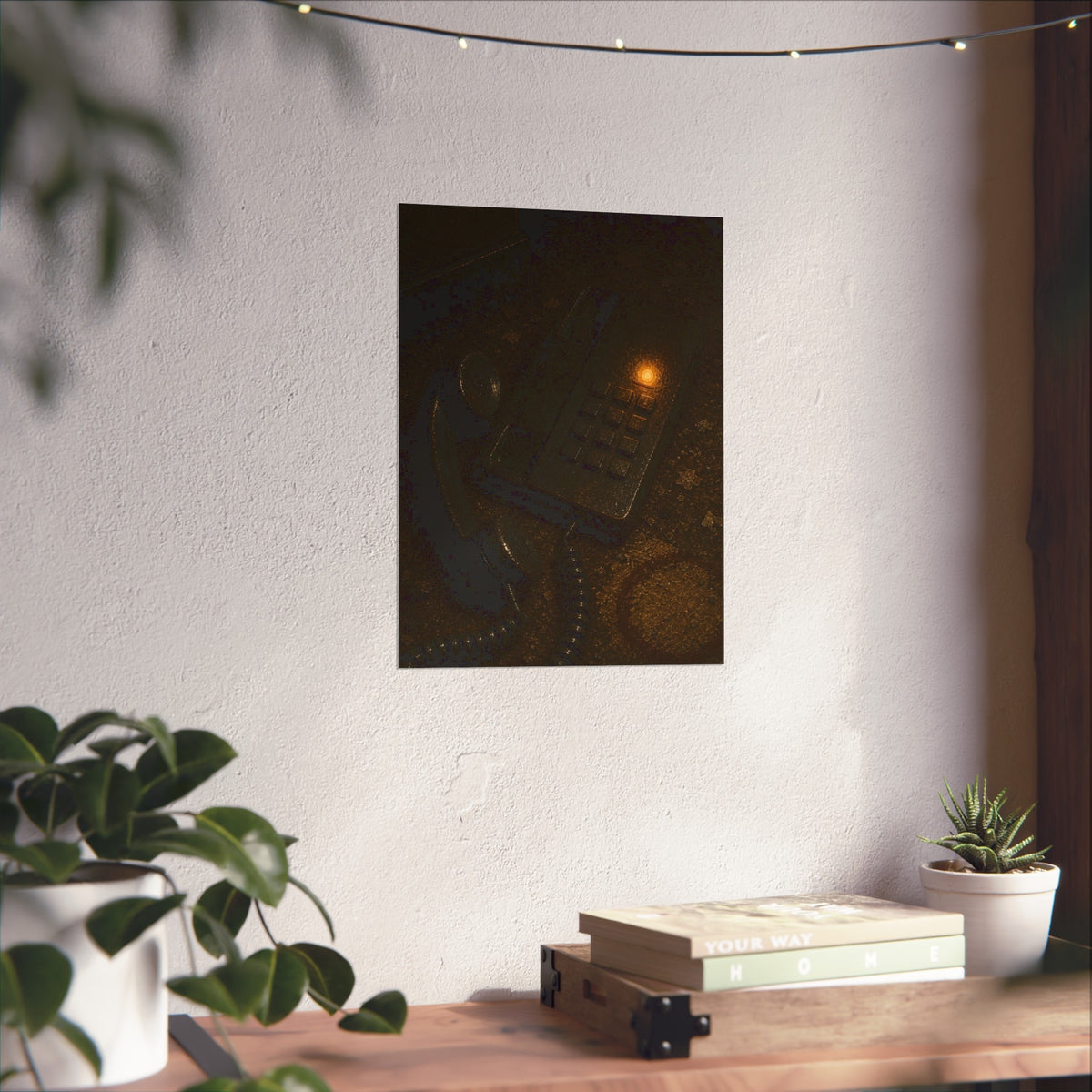 A desk phone with the handset off the hook and one amber light glowing. The Line Still Rings by Garabaggio, fine art print hanging in a room.
