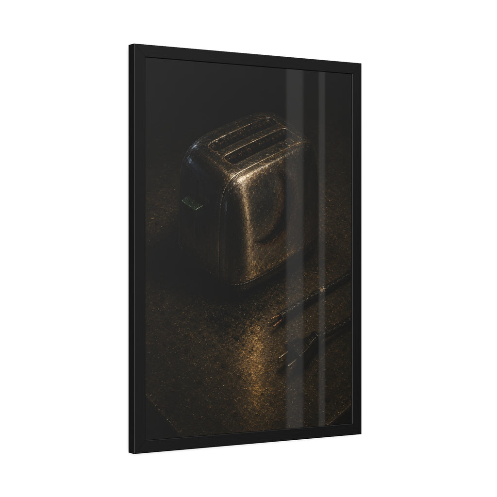 A scorched toaster on a metal table beside its severed cord and plug. The Severing of the Cord by Garabaggio, framed fine art print hanging in a room.