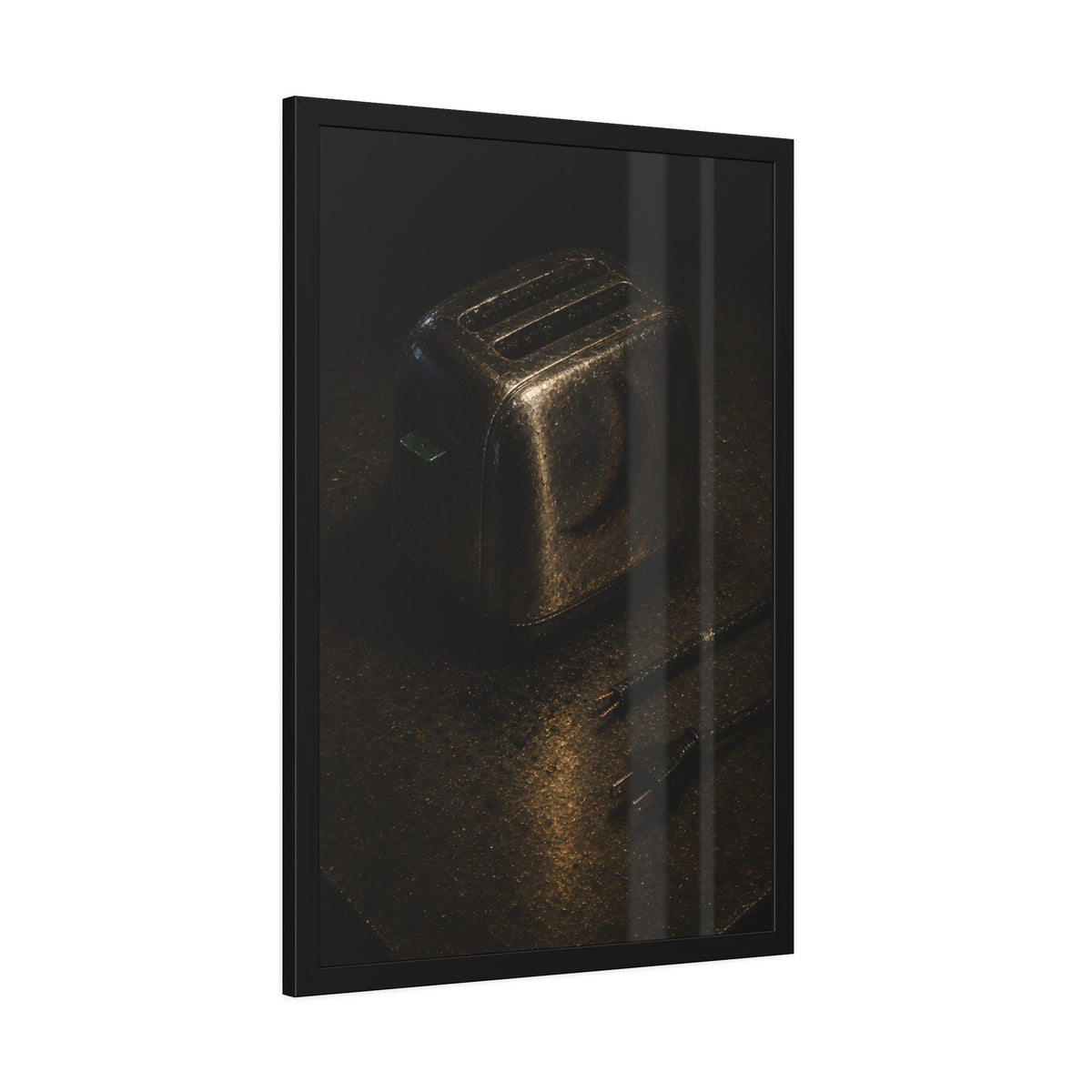 A scorched toaster on a metal table beside its severed cord and plug. The Severing of the Cord by Garabaggio, framed fine art print hanging in a room.