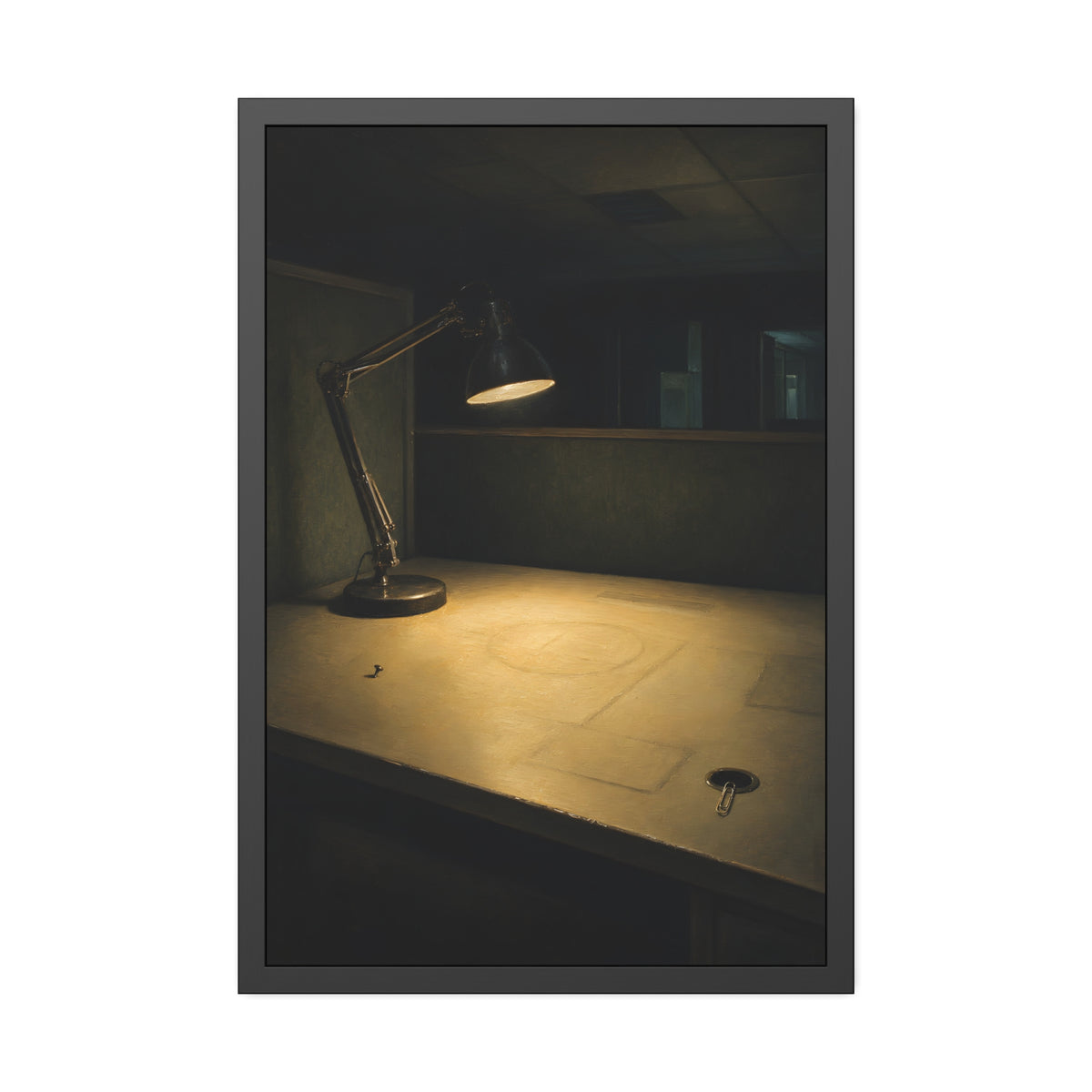 A lit desk lamp on an emptied office desk at night. The Desk Lamp Still Warm by Garabaggio, framed fine art print, 24″ x 36″.