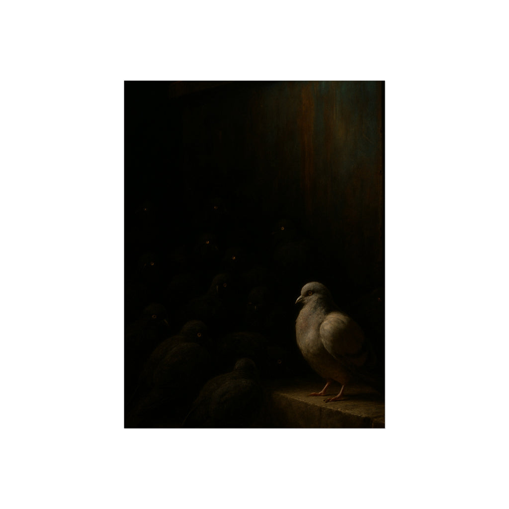 A pale pigeon on a ledge, a dark flock watching from the shadows behind. The Vigil Before the Ascension by Garabaggio, fine art print, 12″ x 16″.